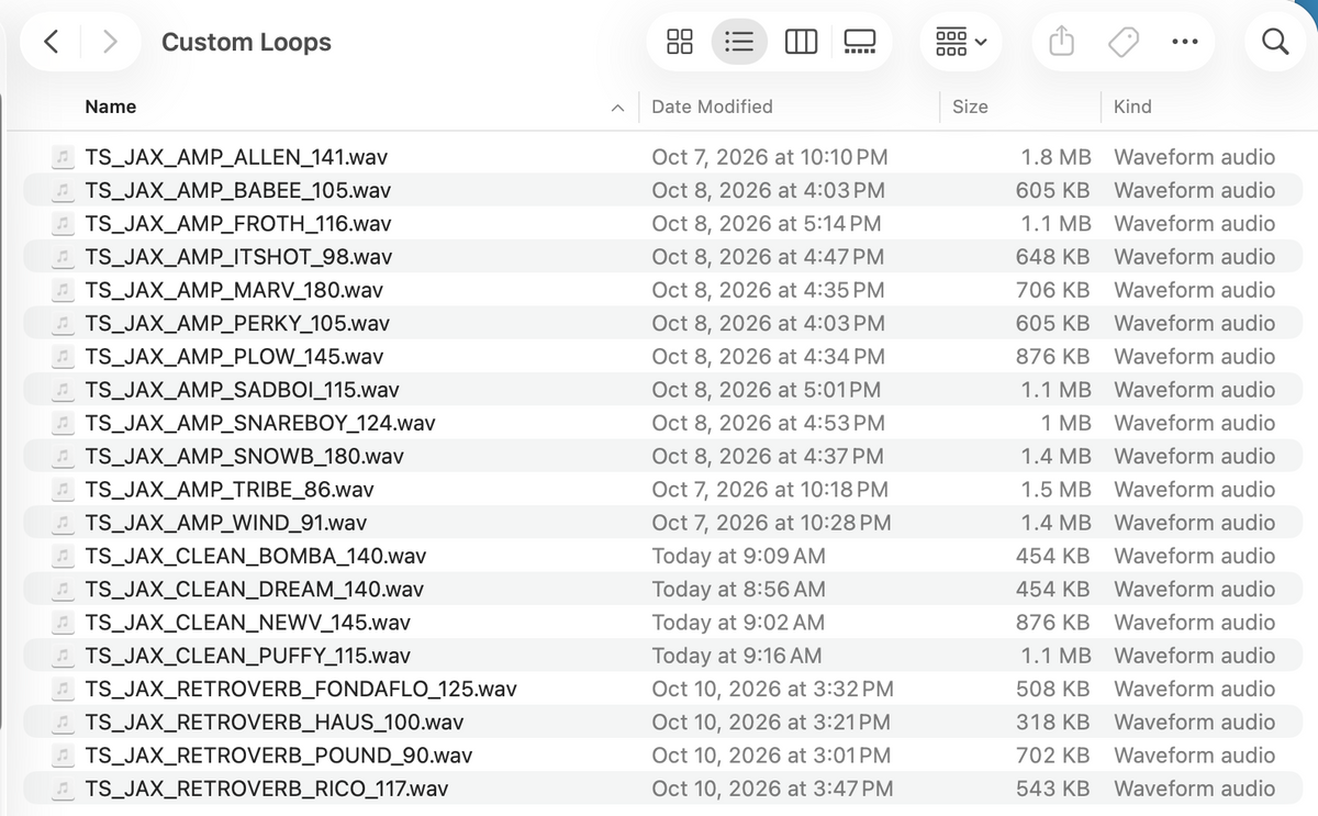 Screenshot of custom psychedelic drum loop files